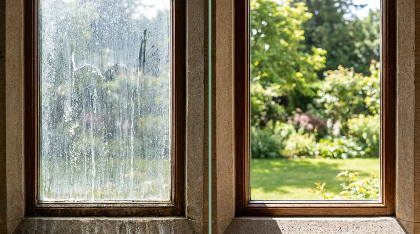 a before-and-after split image of a self-cleaning window with hard water staining on the left and the same window restored to crystal clarity on the right