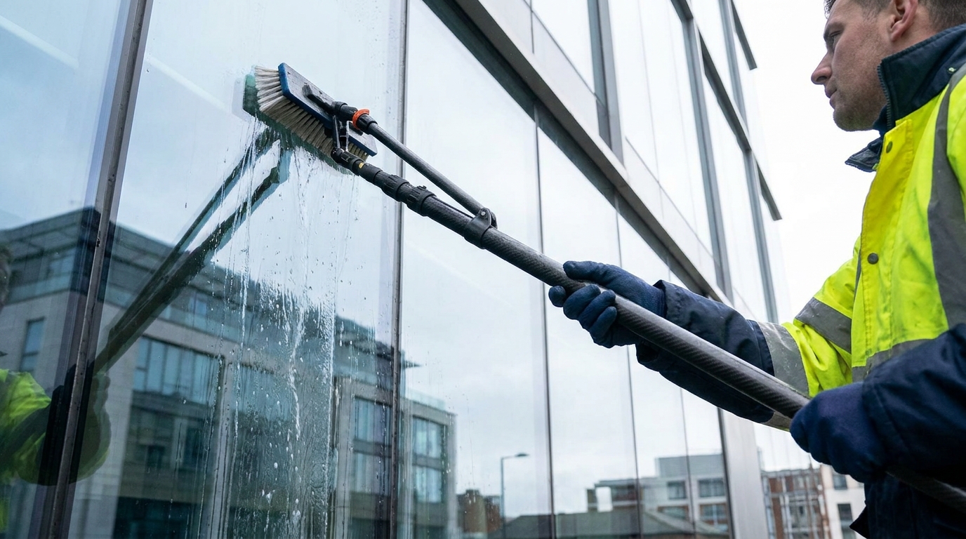 a window cleaner wearing soft gloves and using a pure water fed pole to rinse hard water deposits from a self-cleaning window, with no ladder in sight