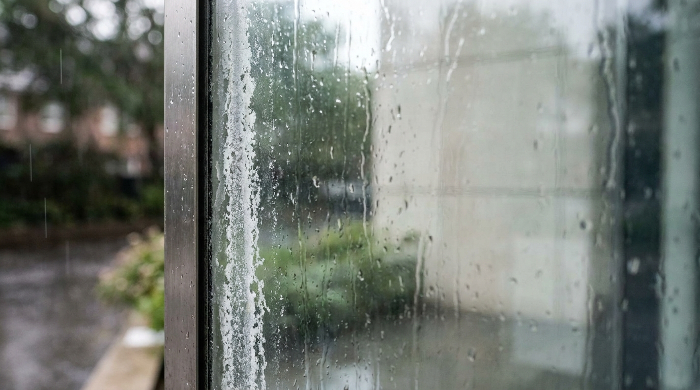 a close-up photo of a self-cleaning window with rain sheeting evenly across the glass while a streak of hard water mineral deposit remains visible at the edge
