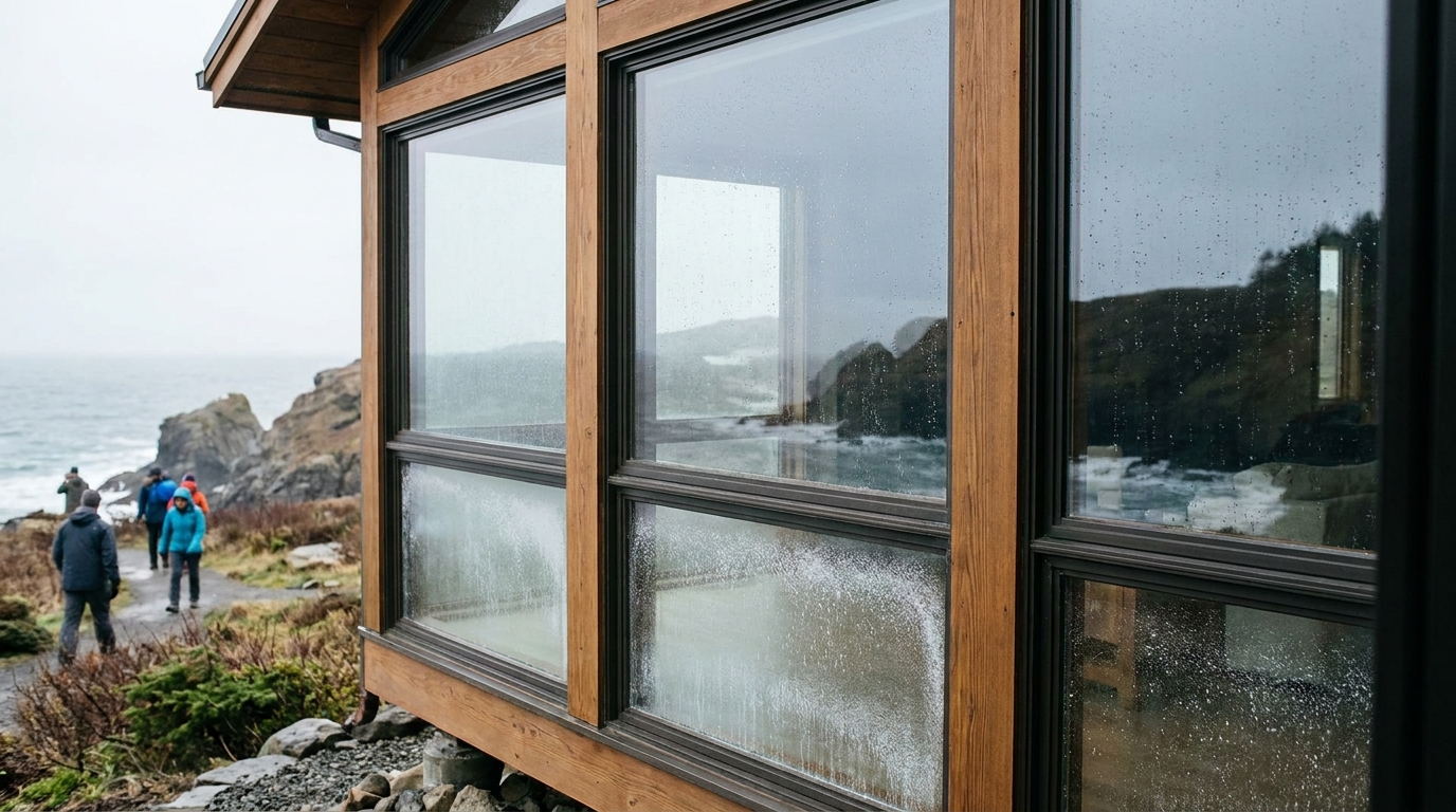 a coastal home with self-cleaning windows showing a fine white salt haze on the lower panes, while the upper panes remain clear from recent rain
