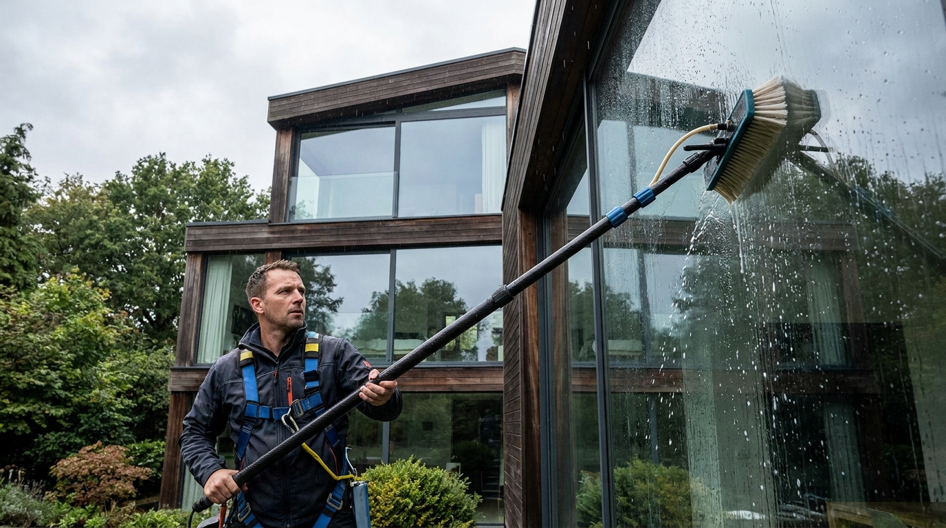 a professional window cleaner using a soft-bristle brush on a water-fed pole to clean a high self-cleaning window on a 3-storey house